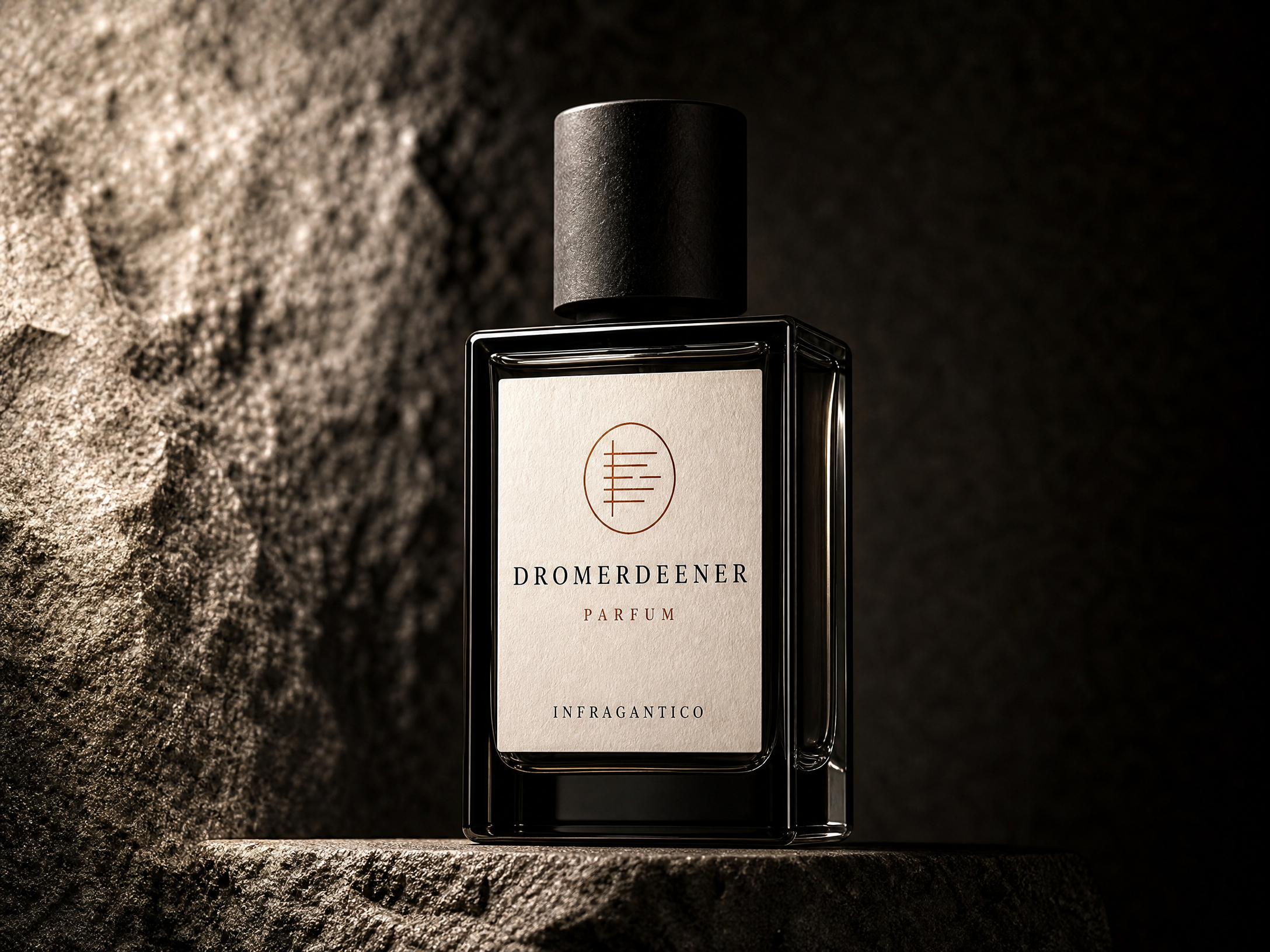 Dromerdeener — smoked black glass bottle on dark stone