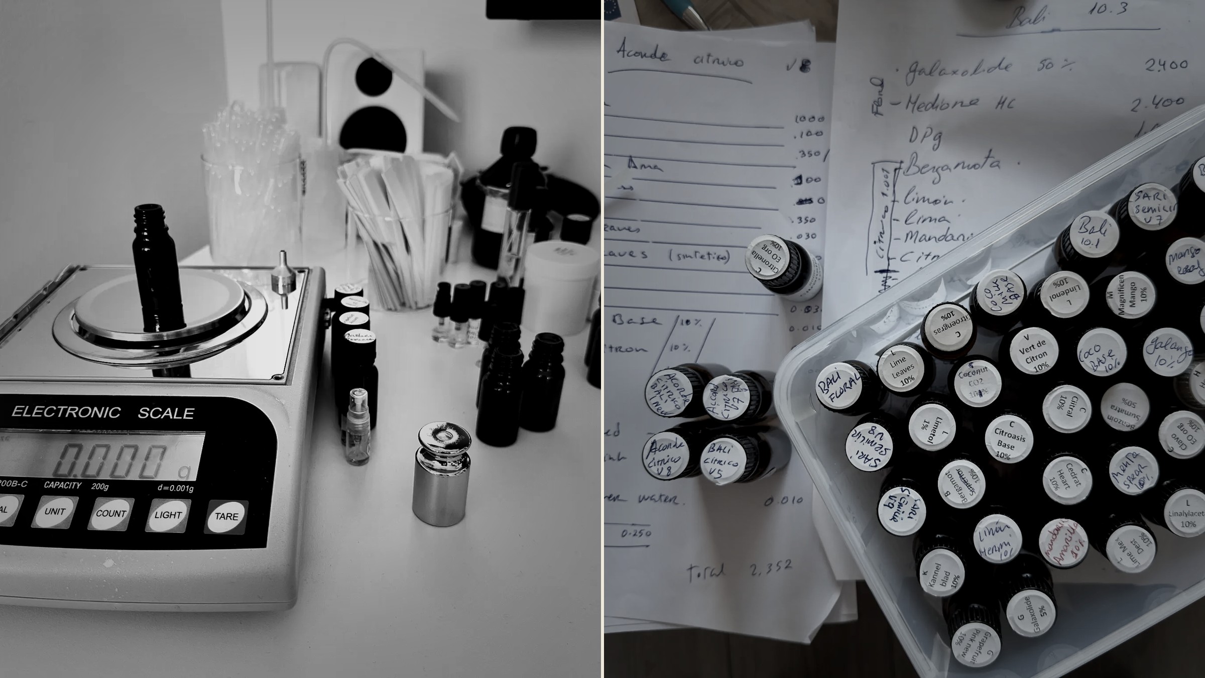 The Infragantico workshop — precision scale on the left, vials and handwritten formulas on the right